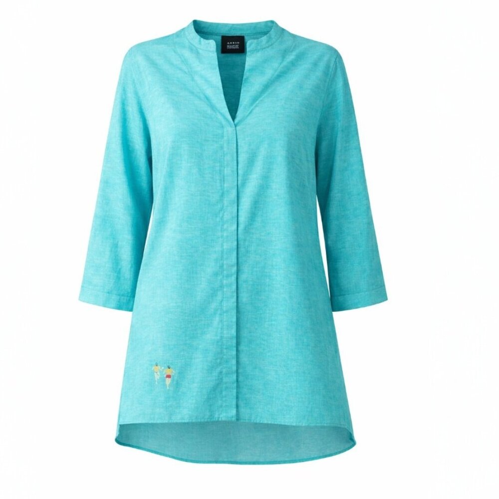 Akris Swimmer In Antigua Print Ocean Turquoise Blue Designer Drape Tunic - Picture 3 of 13